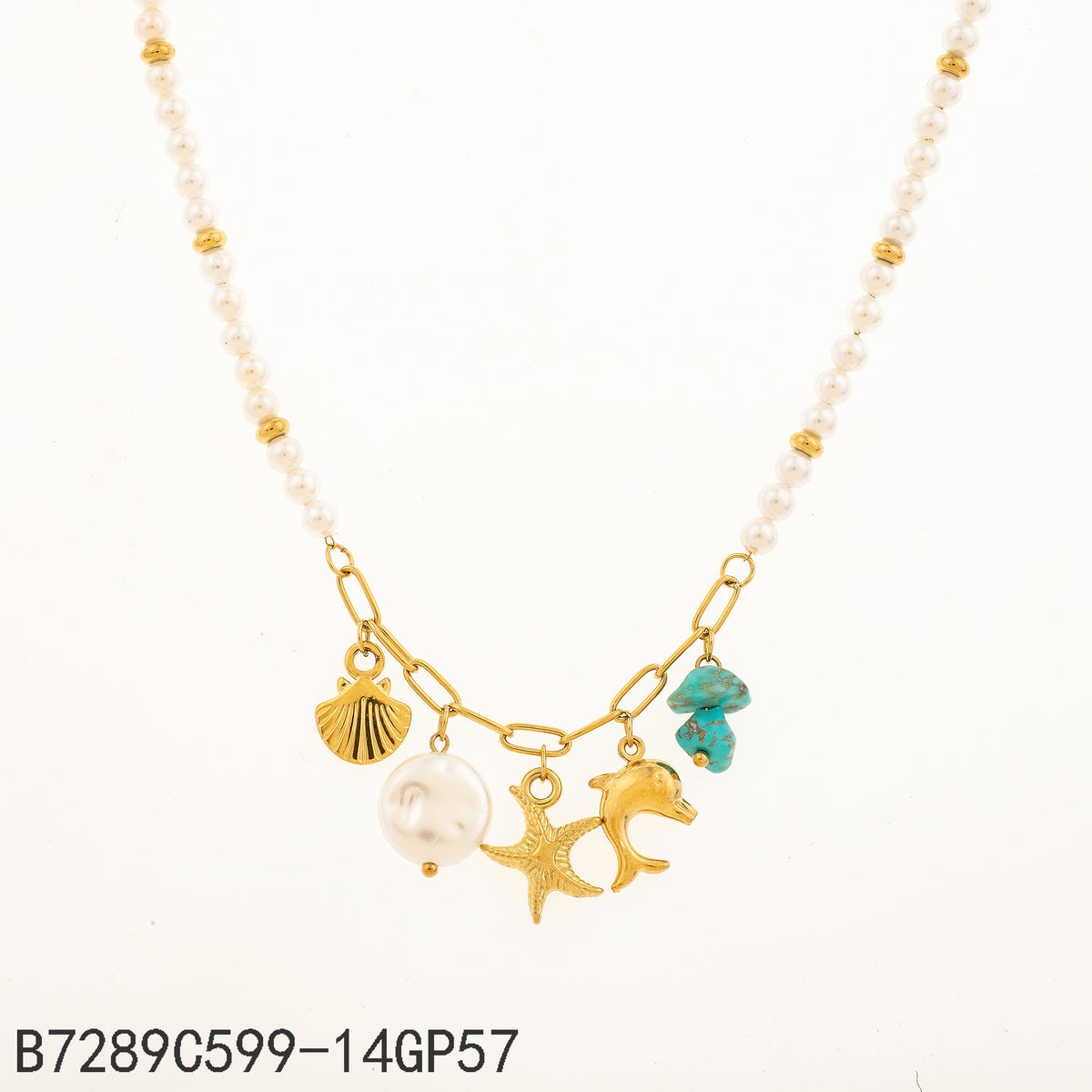 Collar Pino azul Dorado con Perla Elementos del mar