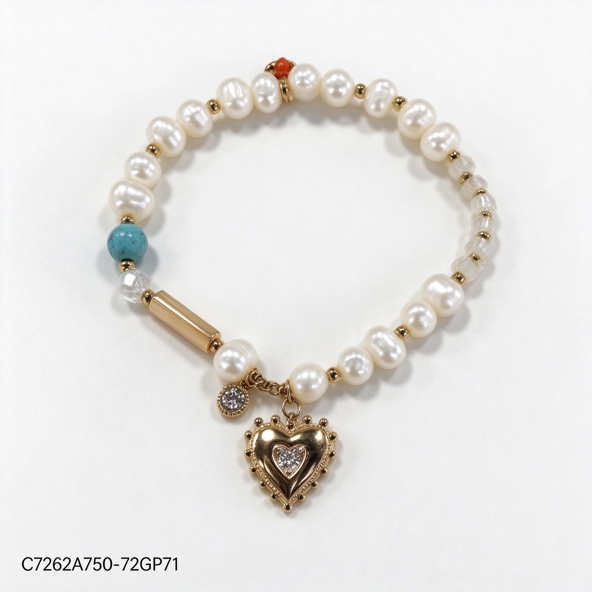 Pulsera Zirconia blanca Dorado con Perla Corazón